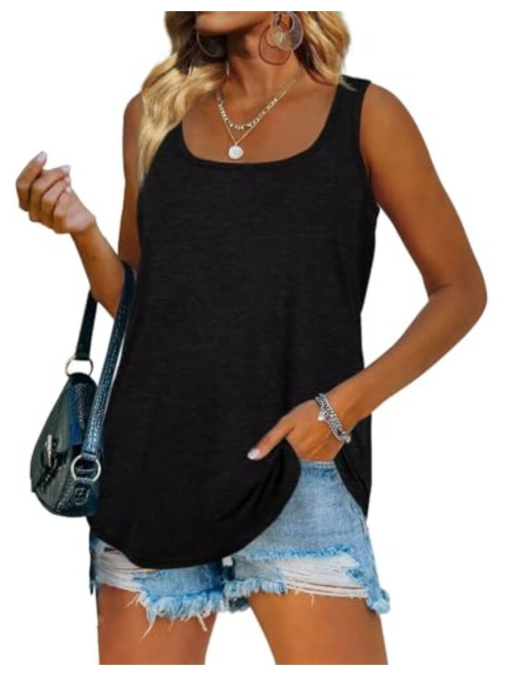 Womens Sleeveless Tank Top Loose Fit Curved Hem Summer Beach Top